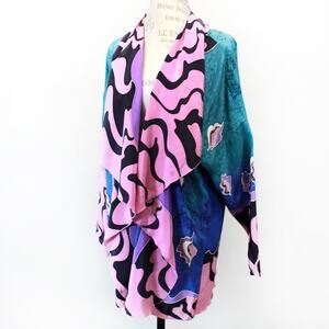 Paco Soler Art Colorblock Ruffles Open Front Chiffon Cardigan blouse top Small